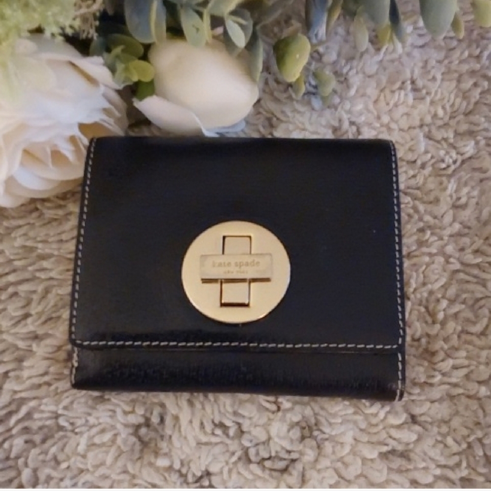 KATE SPADE Black Leather Bifold Wallet with Gold-tone Turn-lock Closure Accents